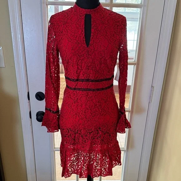 Shoshanna Romantic Red Lace Long Sleeve Keyhole Dress NWT Anthropologie - Picture 3 of 16